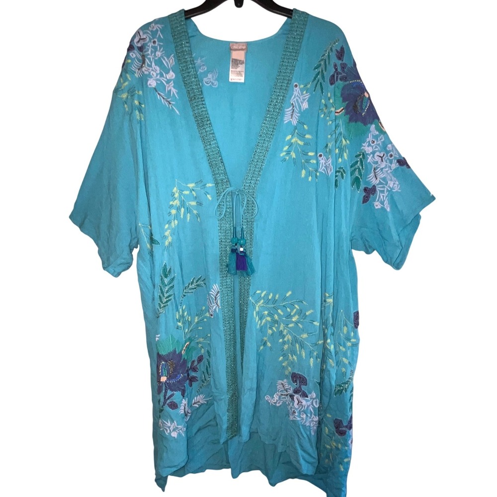 Chicos Embroidered Floral Kimono Duster Turquoise Blue Beaded Tassel Tie Wrap SM